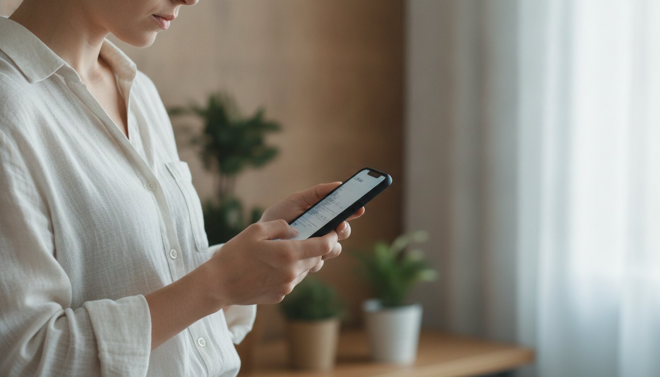 Mulher segurando um smartphone com expressão de aborrecimento enquanto olha para a tela do aparelho.