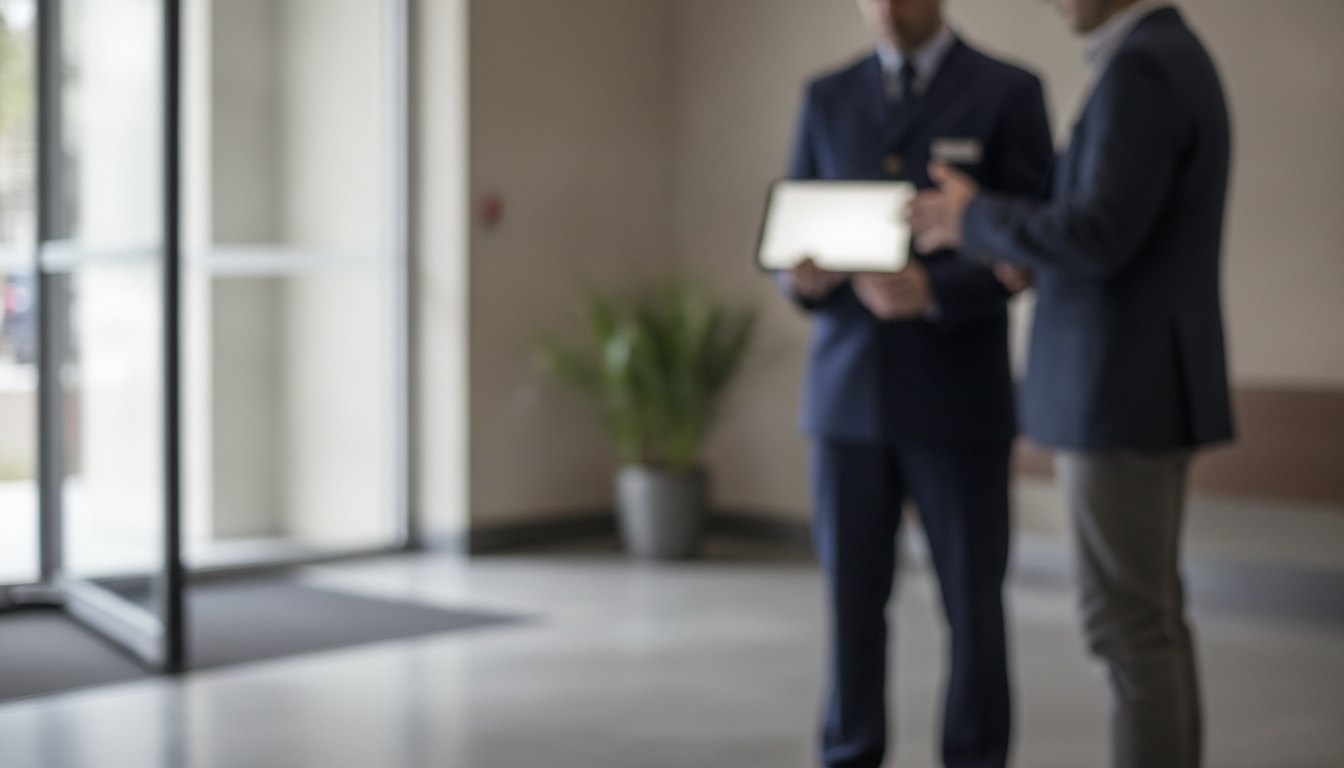 porteiro segurando um tablet e conversando com um visitante na entrada de um prédio residencial