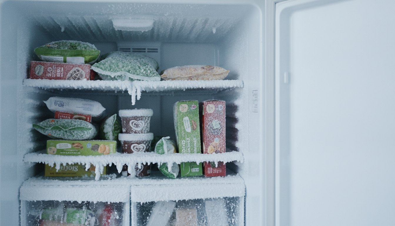 Interior de um refrigerador doméstico com excesso de gelo nas prateleiras e alimentos congelados.