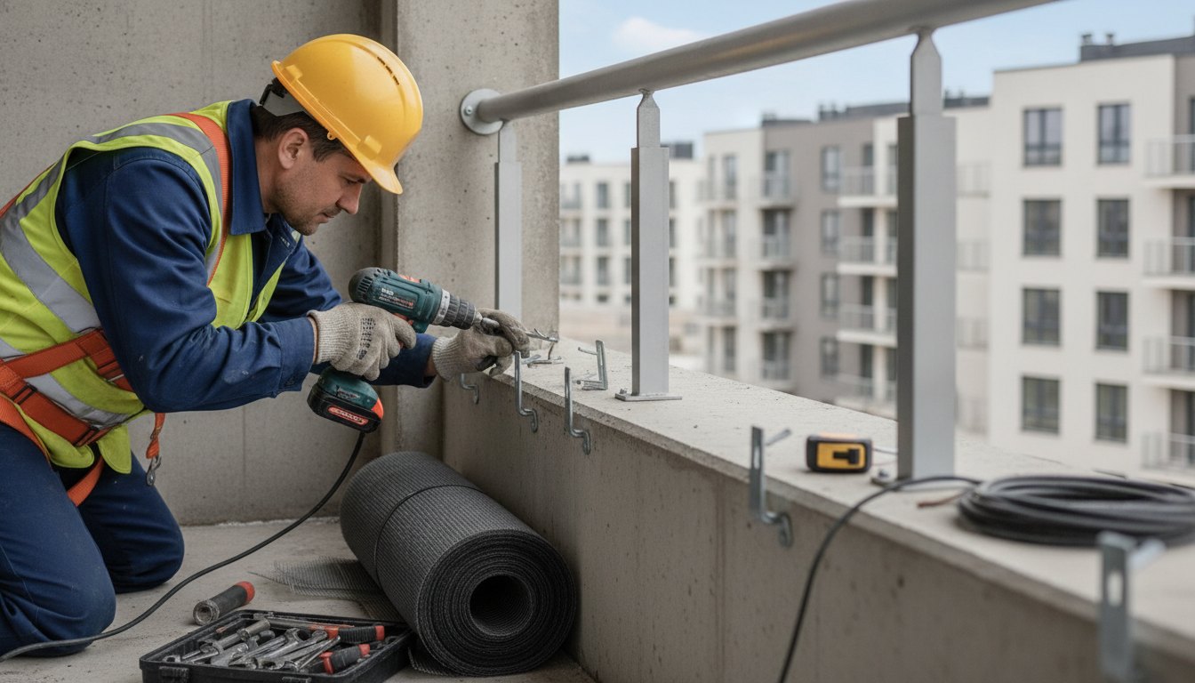 Trabalhador com equipamento de segurança fixando ganchos para tela em uma varanda de apartamento.