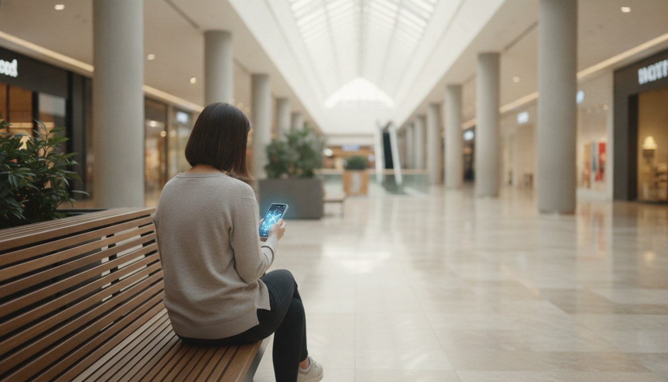 Mulher sentada em banco de shopping olhando para a tela do celular iluminada.