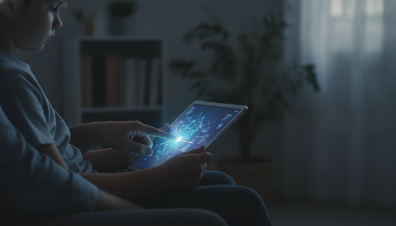 Criança segurando um tablet iluminado no escuro enquanto um adulto observa a tela ao lado.