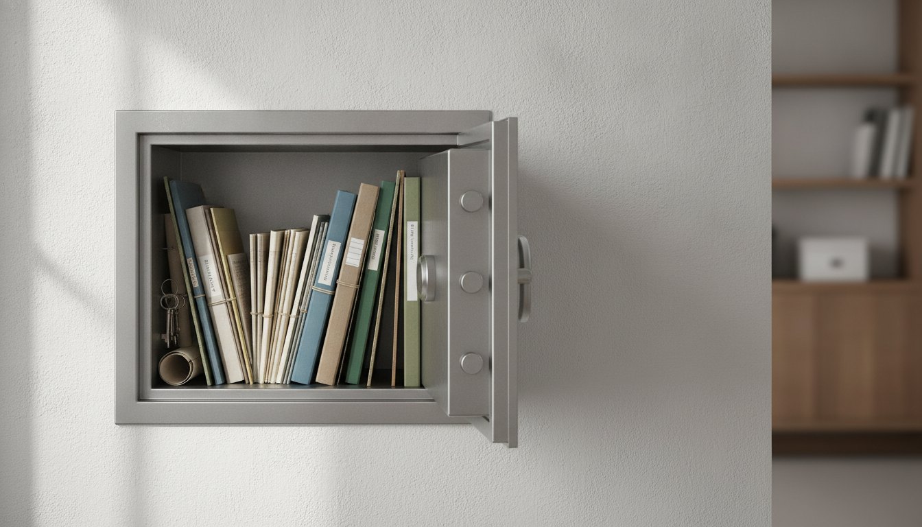 Cofre de metal embutido em parede branca com documentos e pastas no interior.