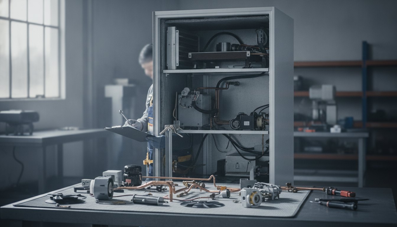 Técnico de reparo segurando uma prancheta e analisando as peças de um refrigerador aberto.